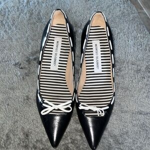 Manolo Blahnik Conti Black Leather Ribbon Bow Pumps Sz 37
